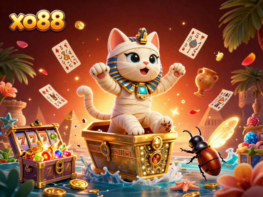 Experience the thrill of xo88 casino with a captivating scene featuring a mummy cat and bright jackpots.
