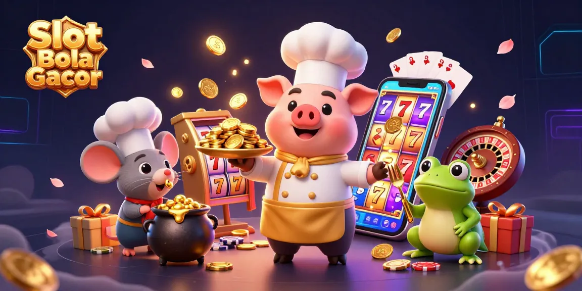Spin the reels with Slot Bola Gacor as our culinary characters serve gold coins in this vibrant 3D casino scene.