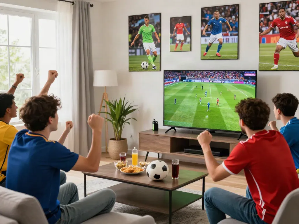 Gavangtv viewers enjoying a live soccer match in a cozy setting with snacks.