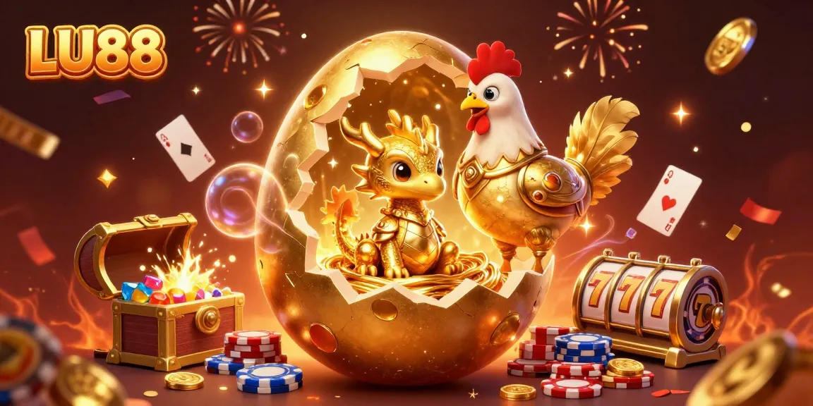 Engage with LU88's captivating 3D illustration showcasing a golden dragon and casino games.