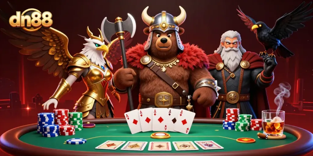 Engage with dn88 through this dynamic casino scene featuring a Viking bear and Valkyrie eagle.