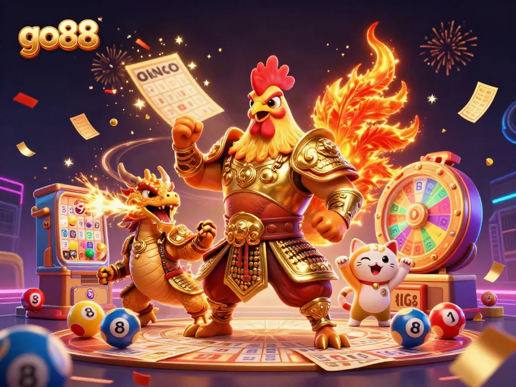 Experience the thrill of go88 with a cartoon warrior and dragon in a vibrant casino environment.