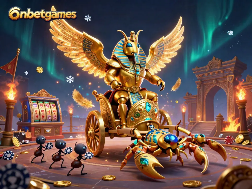 Bet on onbetgames with a vibrant scene featuring a colossal scarab beetle, gold coins, and casino elements.