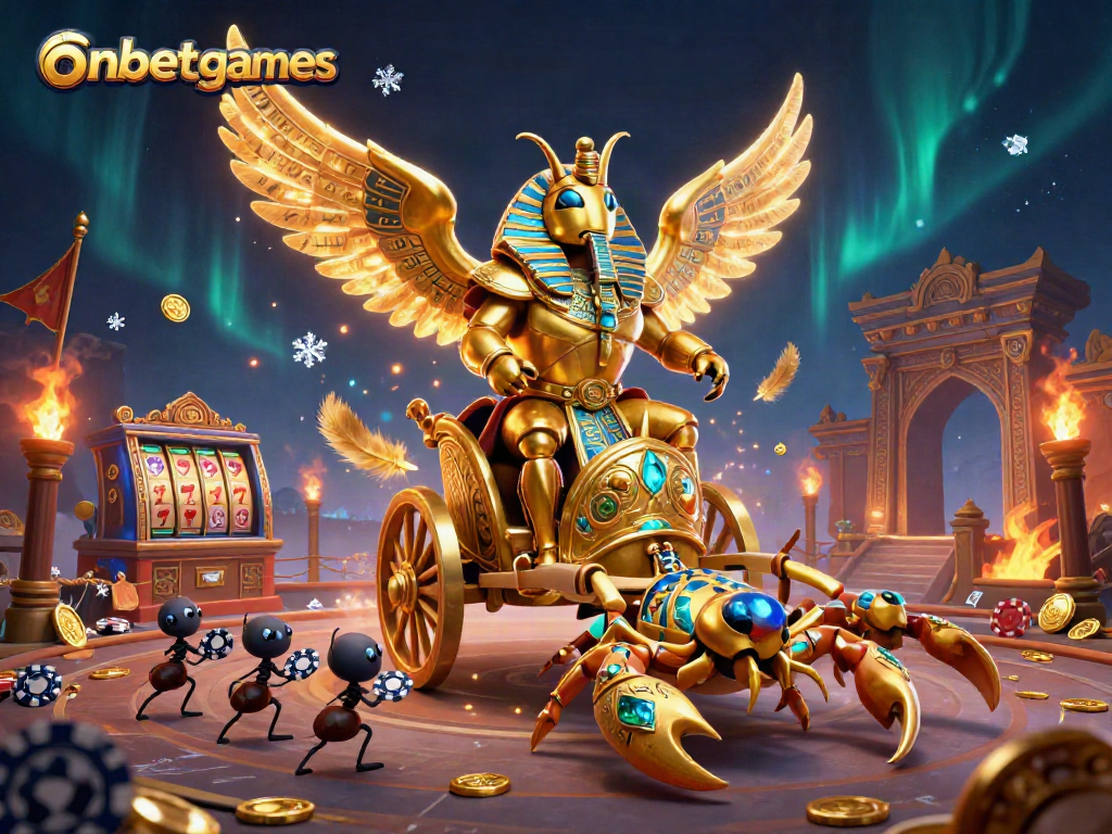 Bet on onbetgames with a vibrant scene featuring a colossal scarab beetle, gold coins, and casino elements.