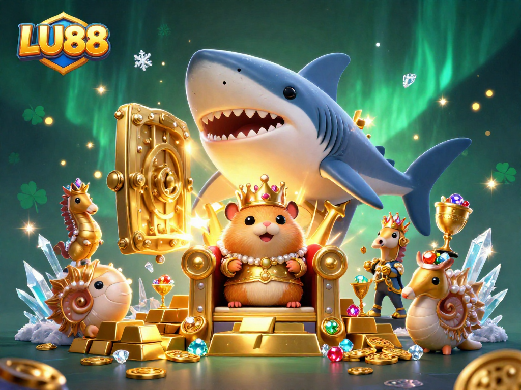 Experience the thrill of LU88 with a dynamic underwater scene featuring a golden hamster king amidst treasures.