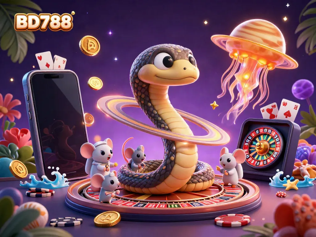 Experience BD788's thrilling gaming world with a cosmic roulette scene featuring animated characters and vibrant slot games.