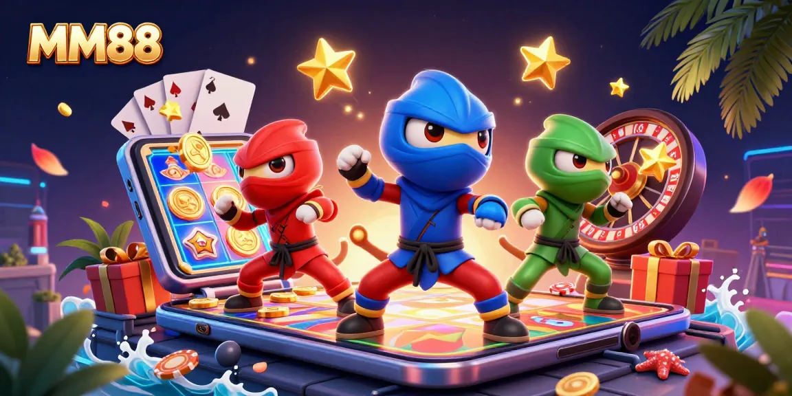 Engaging scene with MM88's colorful ninja chameleons mastering slot gaming excitement in a vibrant casino.