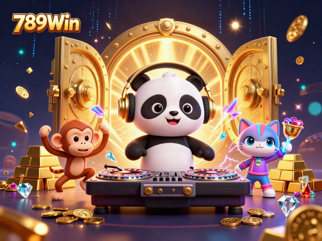 Engage with the vibrant scene of 789Win, featuring a DJ panda and lively characters amidst gold and gems.