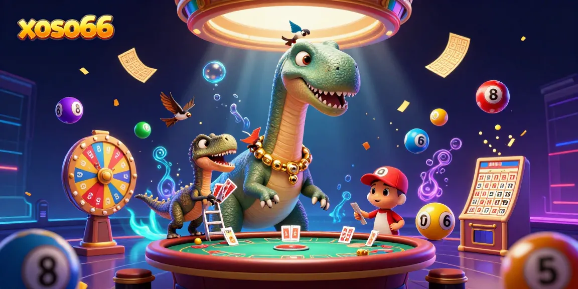 Experience xoso66 excitement with a dynamic casino scene featuring animated characters and colorful lottery elements.