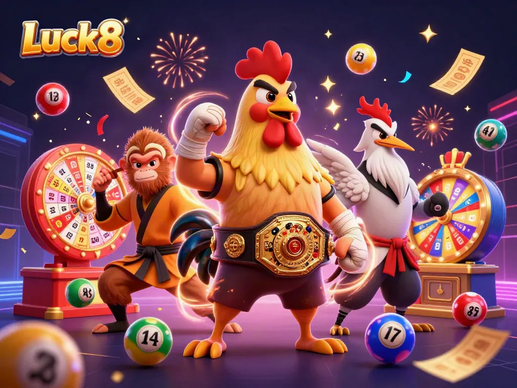 Luck8's vibrant scene with a Muay Thai rooster, Shaolin monkey, and crane master celebrating amidst casino elements.