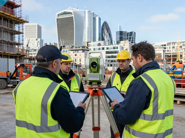 Land Surveyors London team measuring urban construction site with advanced equipment.