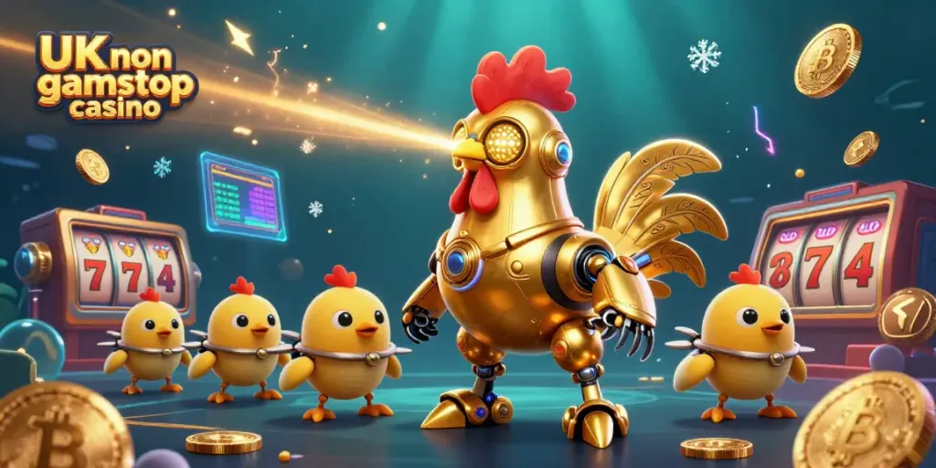 Engage with gaming thrills at a UK non gamstop casino featuring a 3D golden rooster robot enthroned amid vibrant casino elements.