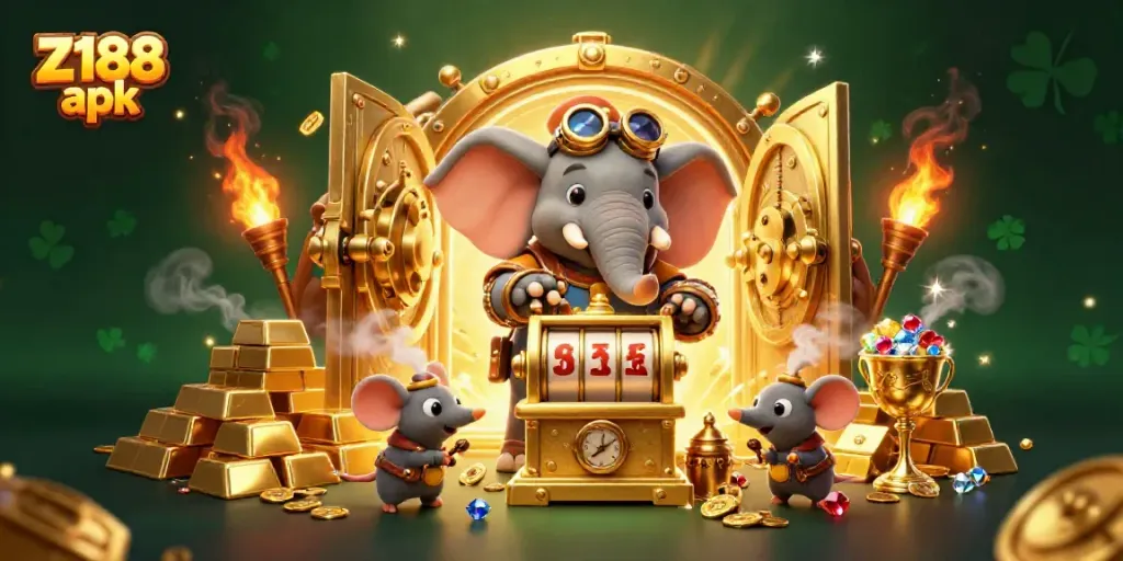 Experience the thrill of Z188 apk with a steampunk elephant engineering a vibrant slot machine in a treasure-filled casino scene.
