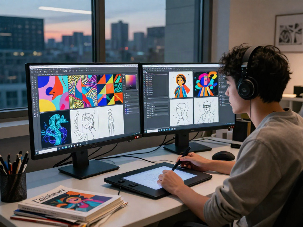Creative designer using nsfw ai software in a vibrant urban digital art studio