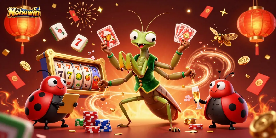 Nohuwin's vibrant gaming scene showcases a giant praying mantis dealing cards with dynamic elements.