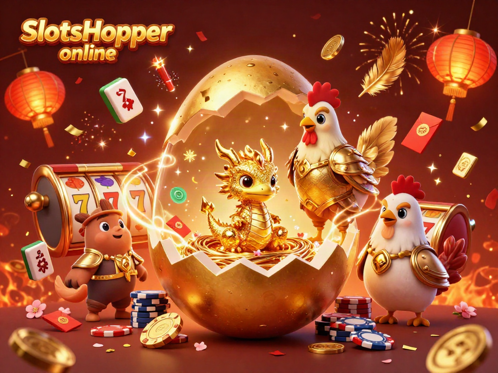 Experience SlotsHopper online with a vibrant, celebratory scene showcasing a golden dragon and dynamic casino elements.