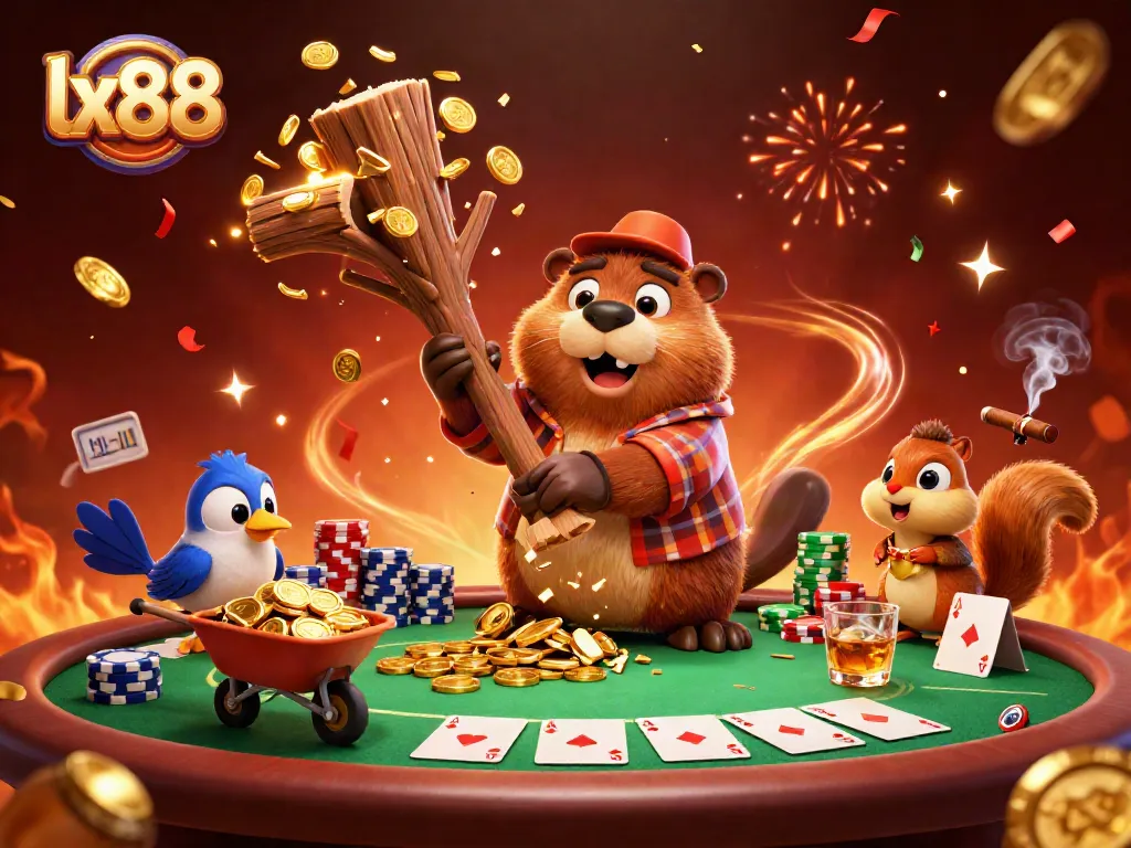 Celebrating gold coin rain with lx88 characters at a dynamic casino scene featuring poker elements.