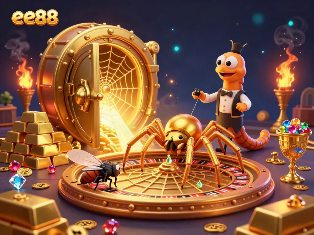 Engage with ee88's thrilling atmosphere as a spider spins a golden roulette web amidst a wealth of treasures.
