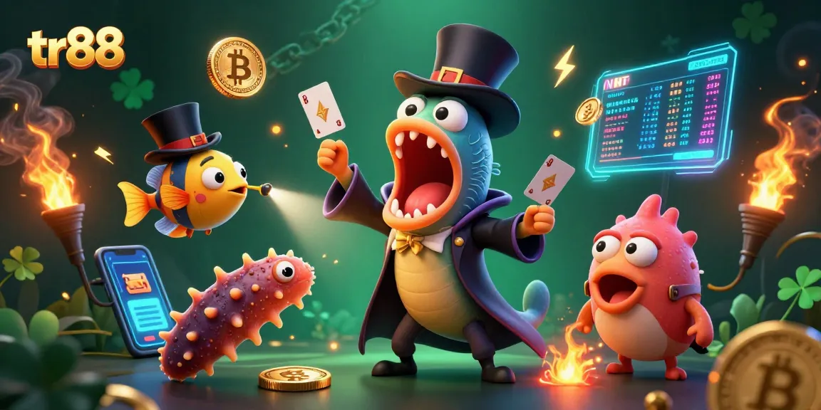 tr88 showcases a magical casino scene with a deep-sea eel performing tricks surrounded by crypto elements.