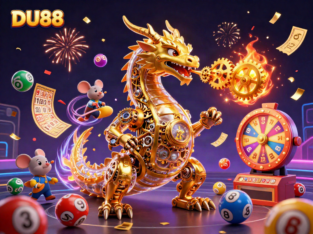 Experience thrilling gameplay with DU88 as a golden dragon breathes gears in a vibrant casino scene.