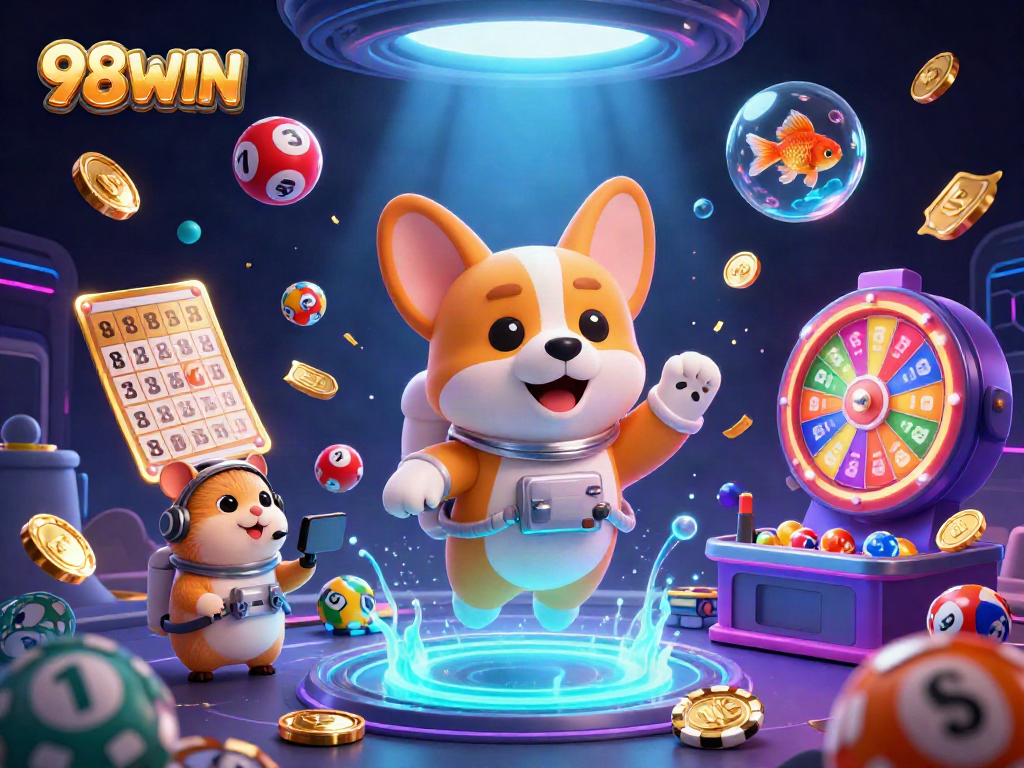 Experience exciting gaming with 98WIN at a futuristic casino featuring lively characters.