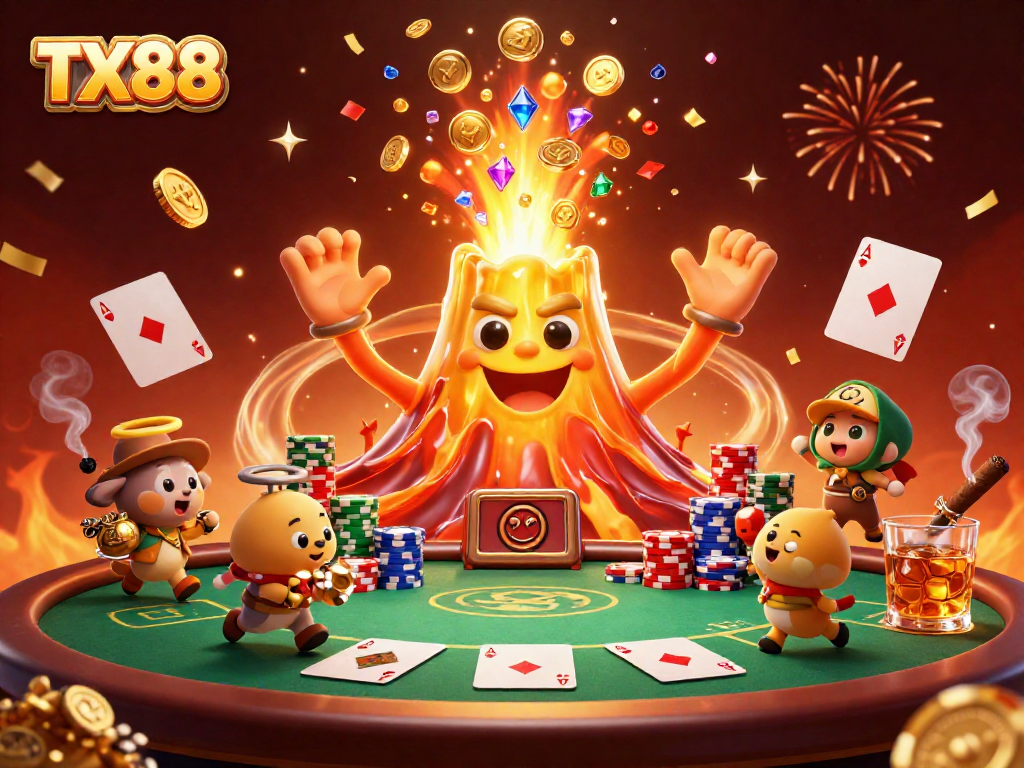 Experience the thrill of TX88 as golden treasures erupt from a volcano while animals escape with riches.