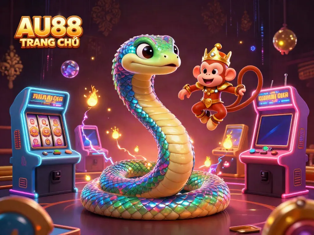 Win big with AU88 TRANG CHỦ in a vibrant online casino world featuring dynamic gaming elements and colorful characters.
