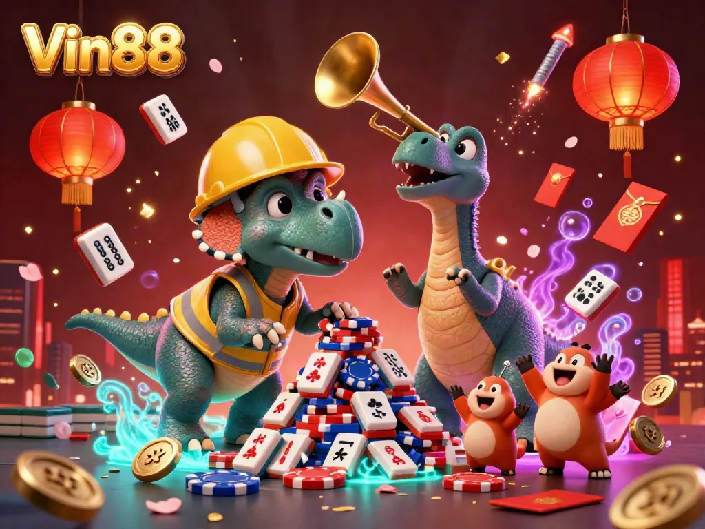Experience the thrilling excitement of Vin88 with cartoon characters celebrating around colorful casino elements.