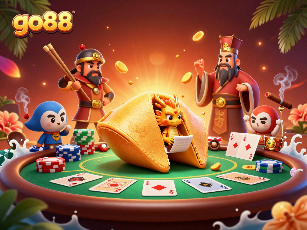 Experience thrilling poker adventures with go88’s vibrant 3D illustration featuring fortune cookies and poker elements.
