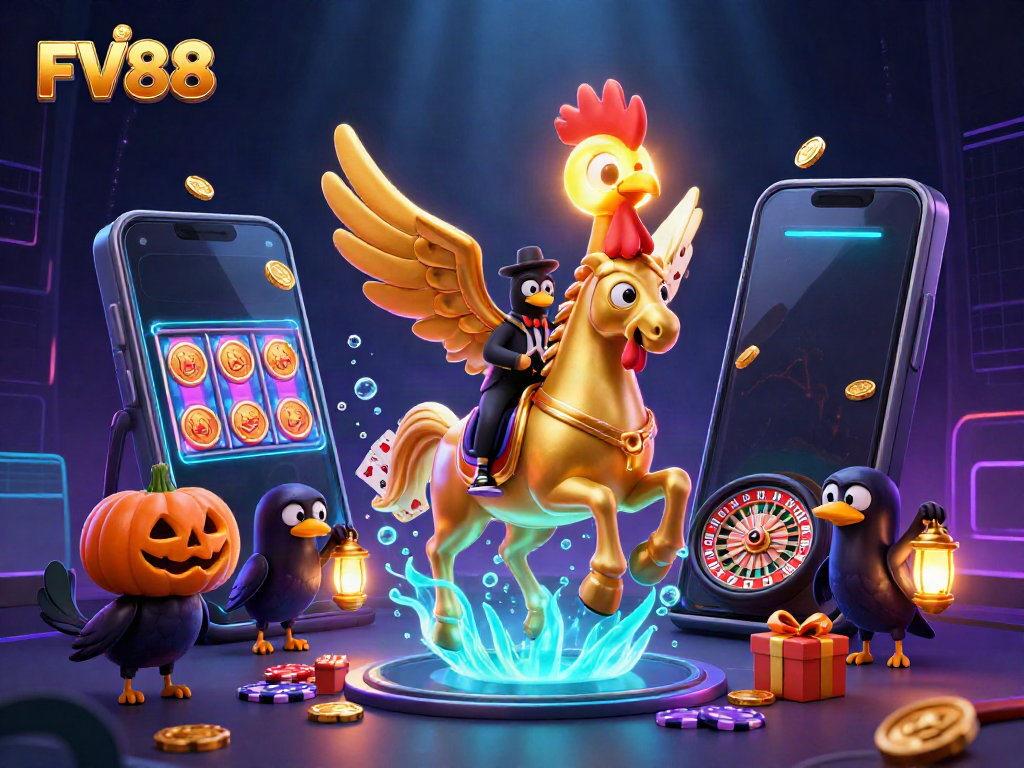 Experience thrilling moments with FV88 through vibrant games in an immersive casino illustration.