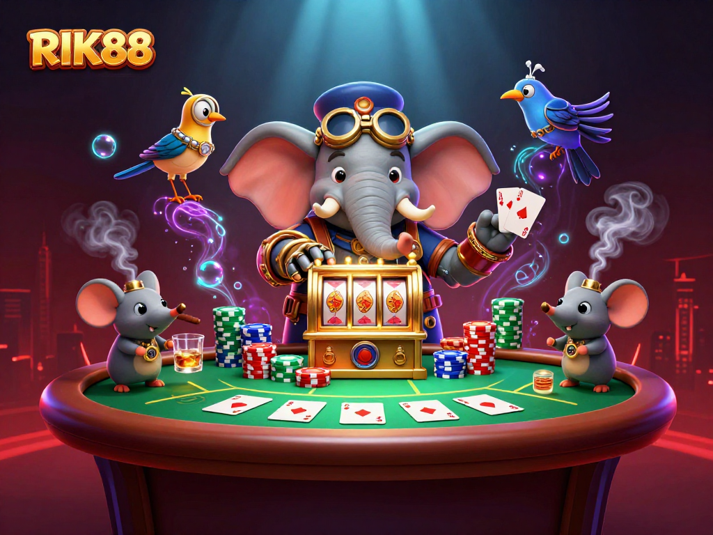 Spin the RIK88 slot machine with a steampunk elephant engineer in an action-packed casino scene.