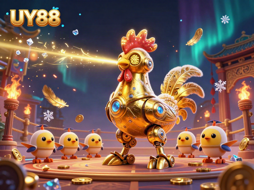 Experience UY88's vibrant casino adventure with playful robots and golden tokens in 3D.
