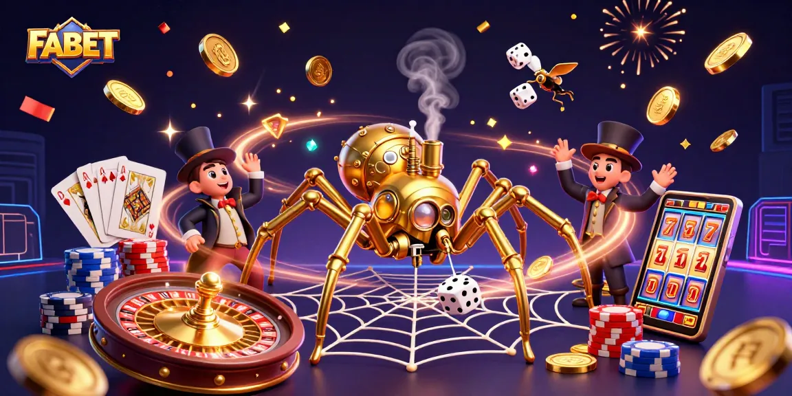 Wager excitingly with FABET as a steampunk spider weaves a casino web in 3D illustration.