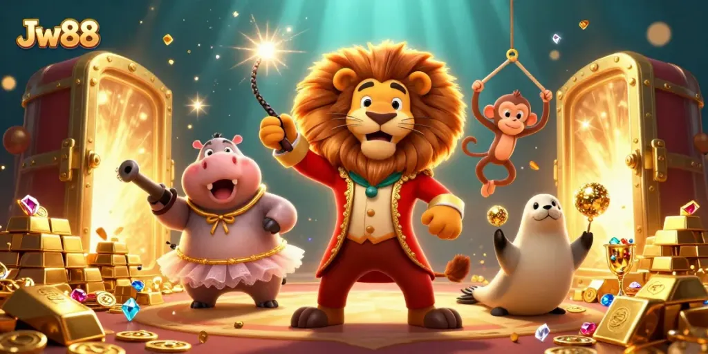 Experience the excitement of Jw88, featuring circus characters amidst a treasure-filled casino.