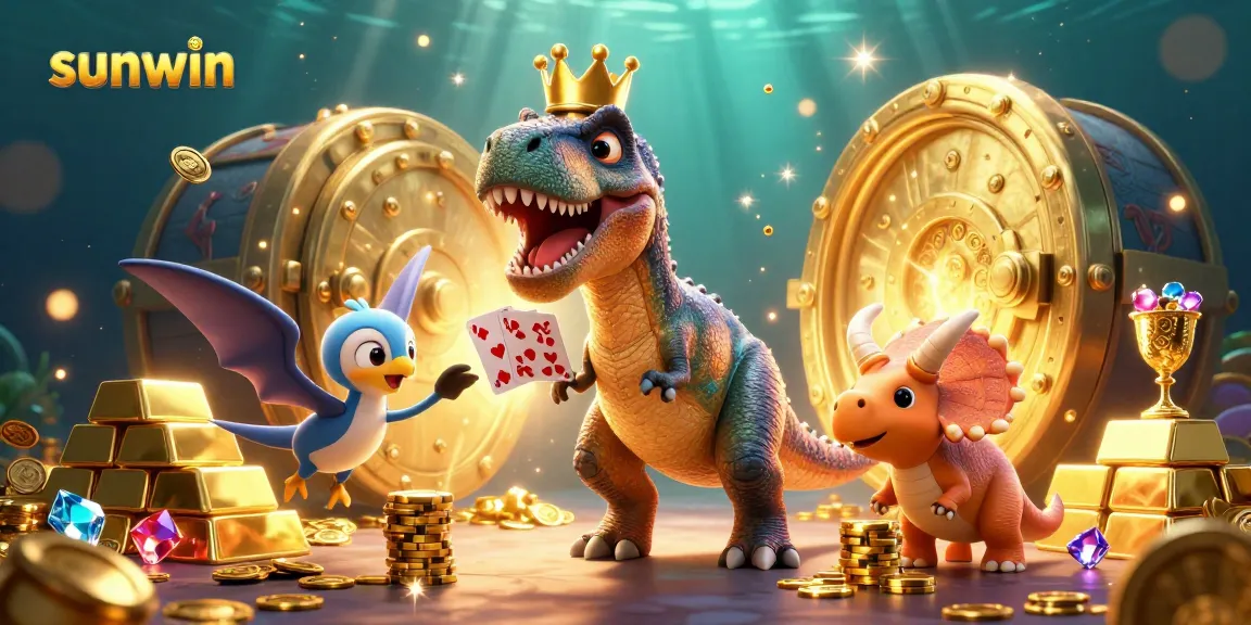 Experience thrilling card games with sunwin through a vibrant T-Rex, pterodactyl, and triceratops in an epic casino scene.