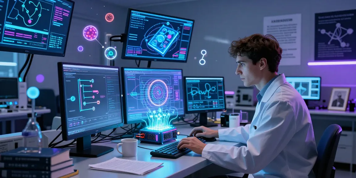Researcher working with a quantum computer, showcasing quantum algorithms and futuristic technology.