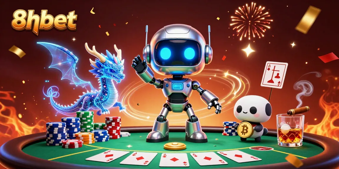 Engage in thrilling poker action at 8xbet with a vibrant 3D scene featuring neon elements and casino motifs.