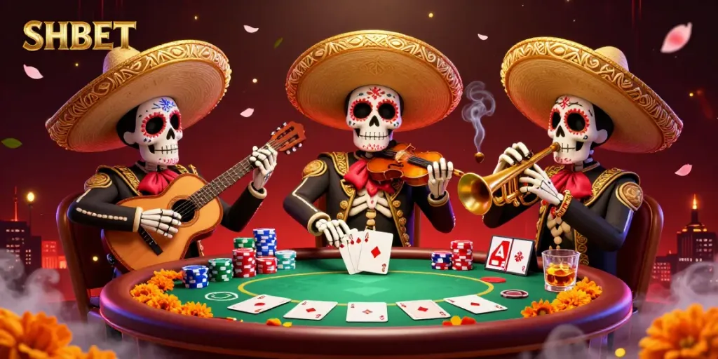 Experience online casino excitement with SHBET's vibrant mariachi band illustration at a poker table.