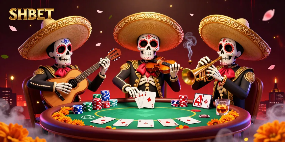 Experience online casino excitement with SHBET's vibrant mariachi band illustration at a poker table.