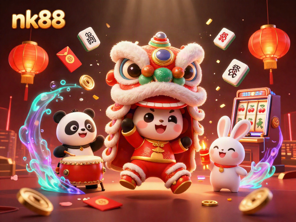 Players enjoy vibrant nk88 slots in an exhilarating Chinese New Year-themed casino scene.