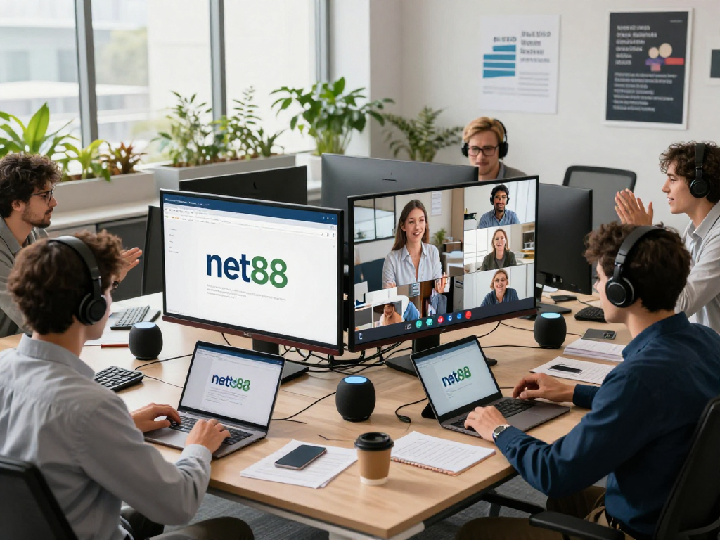 Team collaborating in a modern office, net88 presentation displayed on screen, vibrant and dynamic remote work atmosphere.