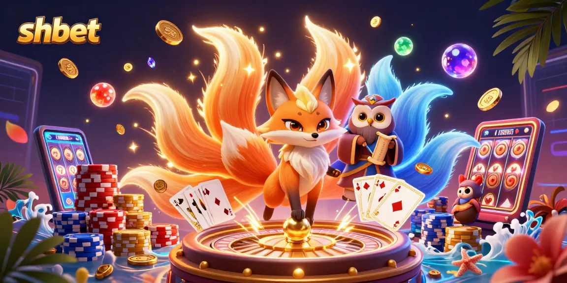 Experience vibrant shbet gaming with a nine-tailed fox, wise sage, and dynamic casino elements.