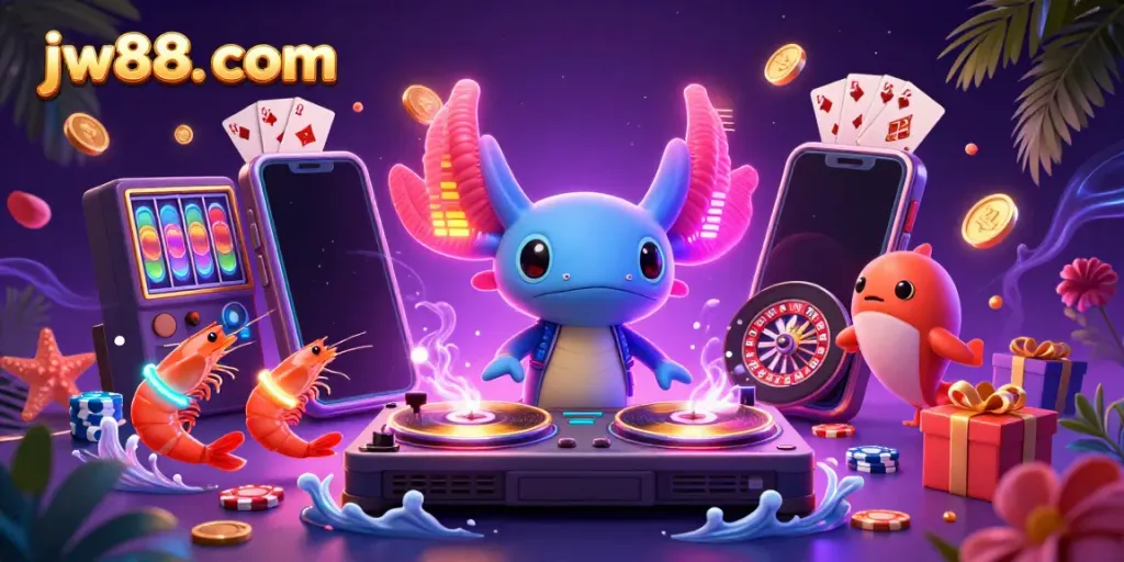 Spin to win at jw88. com with neon axolotl DJ and underwater casino fun.