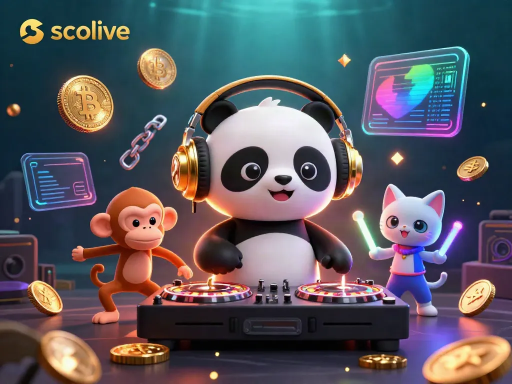 Join the party at socolive with a DJ panda, dancing monkey, and glowing kitten in a vibrant gaming scene.