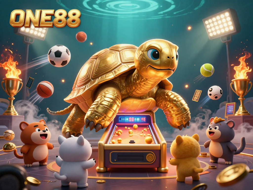 Experience the thrilling world of ONE88 with a dynamic illustration of a golden tortoise pinball machine amidst sports gambling elements.