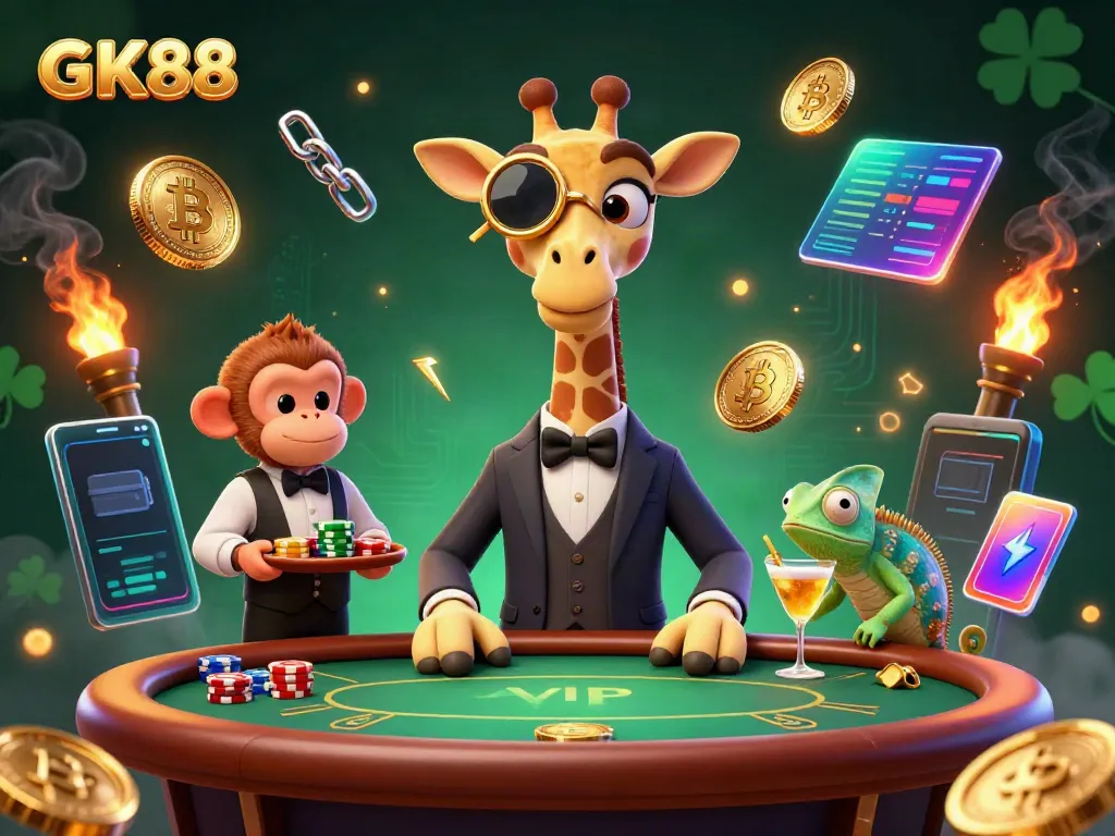 Engage in thrilling gameplay with GK88, featuring a high-roller giraffe and vibrant casino elements.