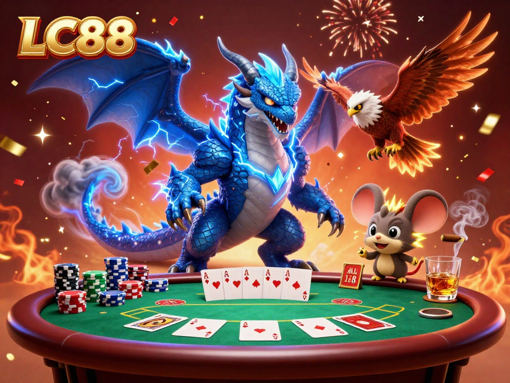 Engage in exhilarating gaming at LC88, showcasing vibrant poker action and electrifying characters.