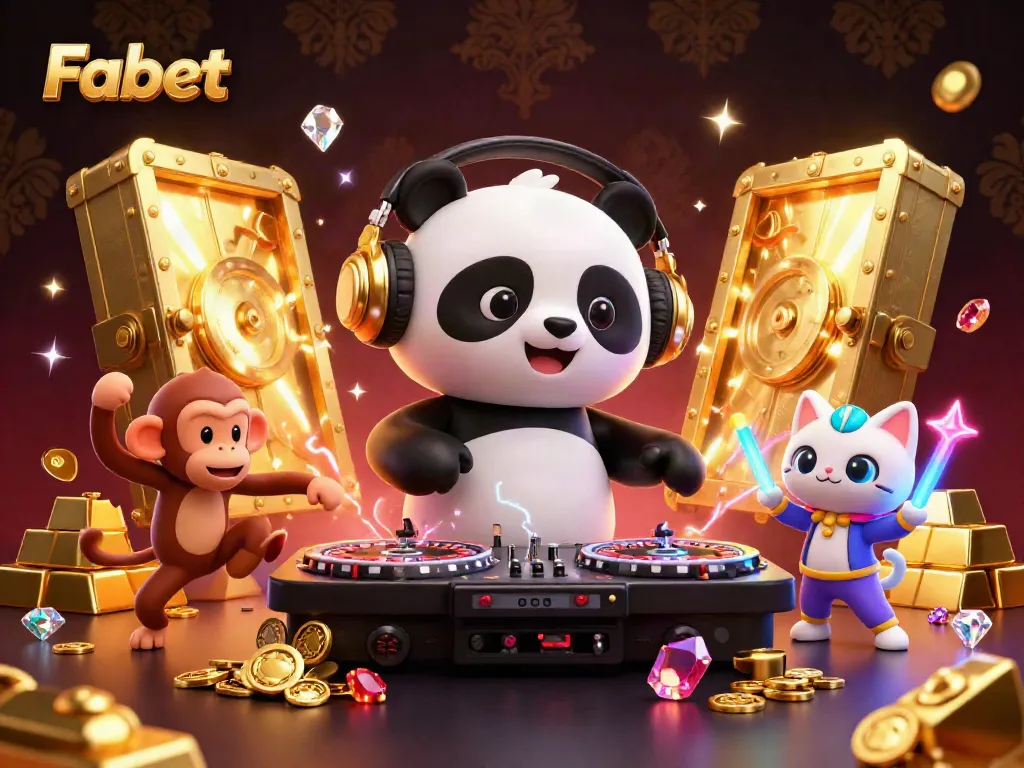 Fabet's 3D DJ panda spins roulette wheels while a breakdancing monkey and glow-stick kitten party among gold treasures.