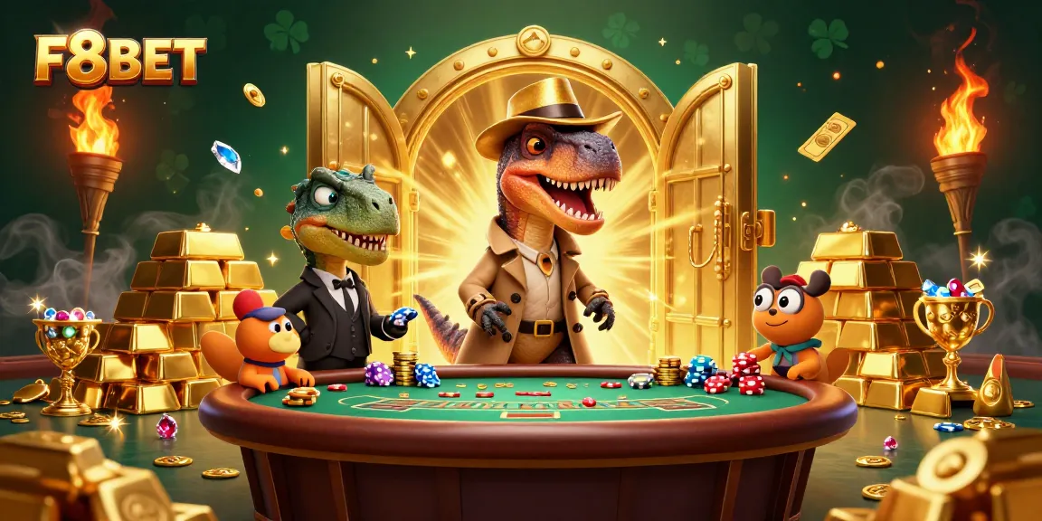Engage in thrilling blackjack with F8BET at a vibrant casino scene featuring cartoon dinosaurs.