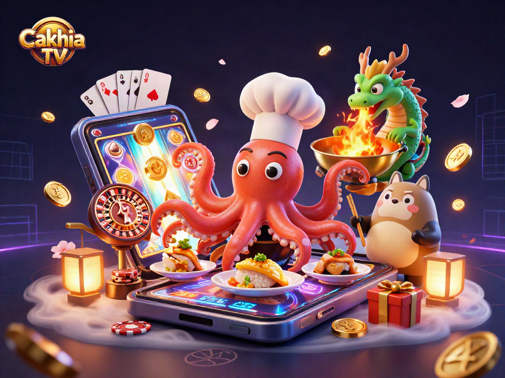 Cakhia TV showcases a vibrant 3D casino scene with an octopus chef and dragon, enticing players.